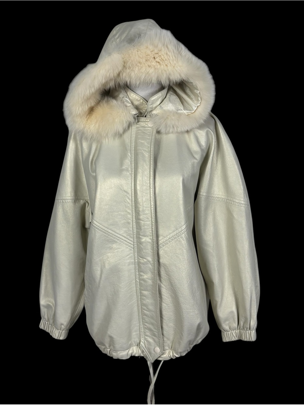 Dero Rocco D'Amelio Vintage Leather Jacket Hooded Fur Collar Ivory Pearlescent S